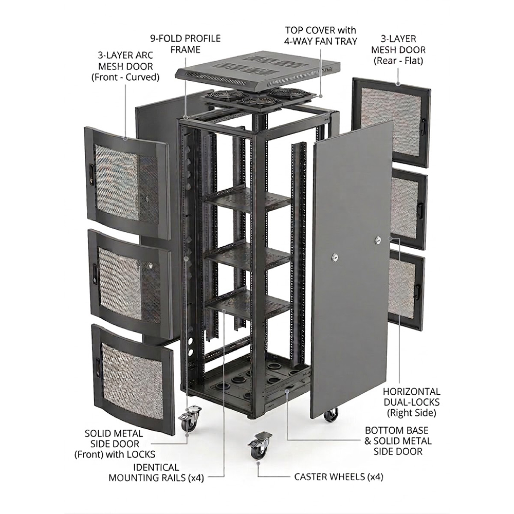 Серверный шкаф высотой 42U с 3 отсеками 800x1000 | 9-кратный профильный сетевой шкаф для тяжелых условий эксплуатации с сетчатыми дверцами ARC 
