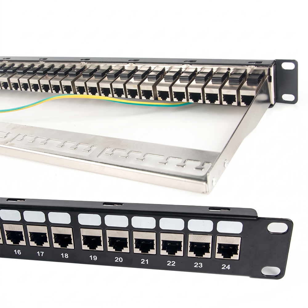 24-портовая проходная патч-панель Cat6A STP высотой 1U | 19-дюймовая экранированная панель линейного соединителя RJ45 — WebiT